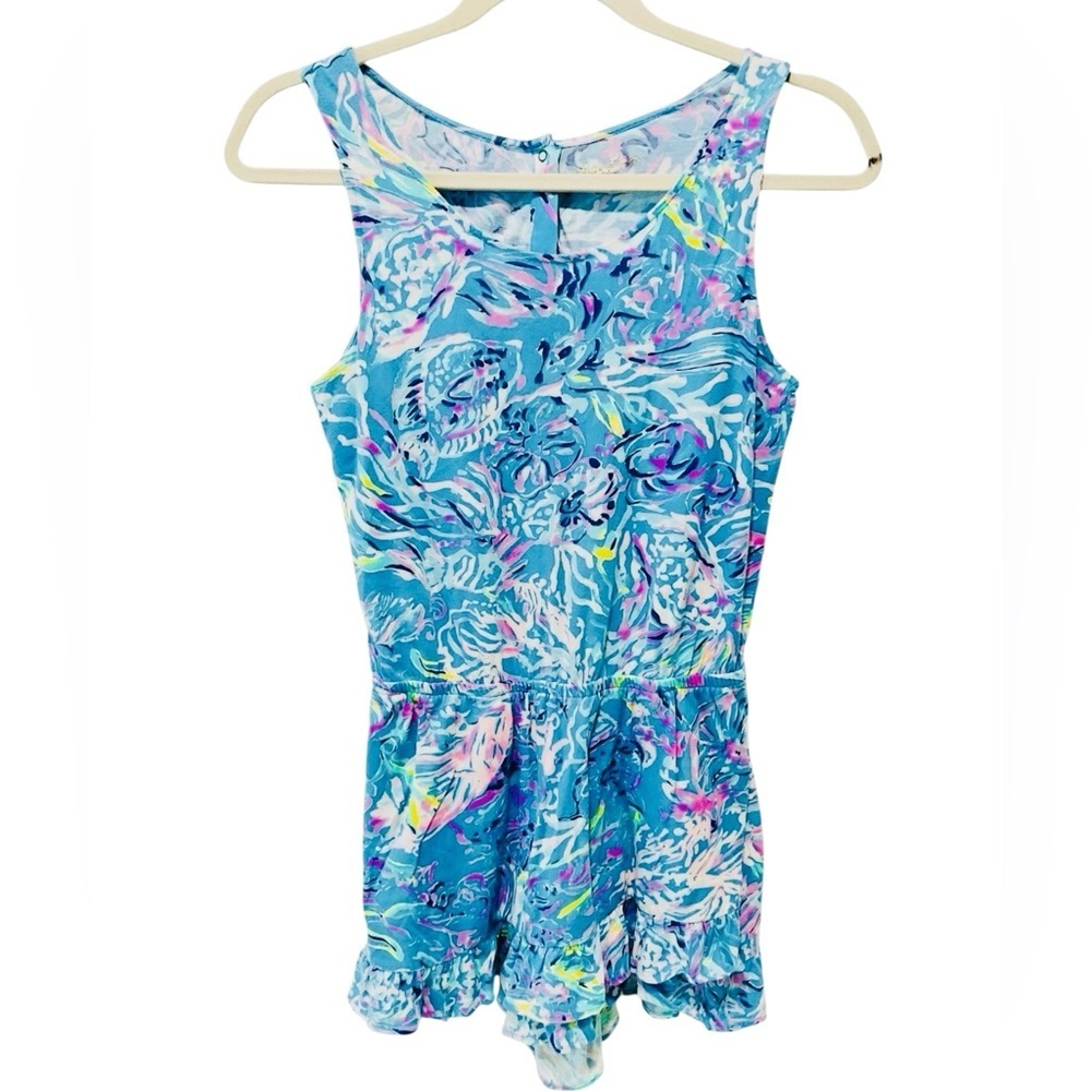 Lilly Pulitzer Venecia Romper Girls XL 12–14 Blue Pink Floral Ruffle